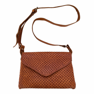 Hand Made Leather Envelope Crossbody Purse Chestnut Brown Faux Weave